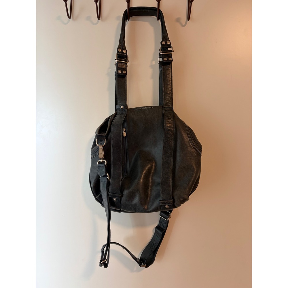 Mandarina Duck Black Leather Hobo Shoulder Bag Silver Hardware Slouchy Tote